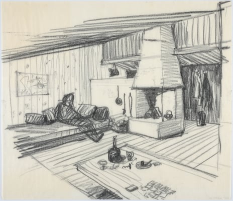 Wenche og Jens Selmer, Hytte på Roa, interiørskisse, 1959.