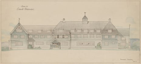 Arnstein Arneberg, «Eidsvold Folkehøgskole», 1907. Fasadetegning av stor skole