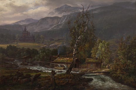 Johan Christian Dahl, «Kaupanger med Vang kirke», 1848. Storslått norsk landskap med en stavkirke i bakre del av bilde