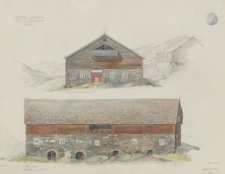 Ingri Aas, «Fjøs med låve på Tofte», 1912. Schirmersamlingen, Riksantikvaren Frontfasade av et stort rødt fjøs, med sidefasade tegnet under