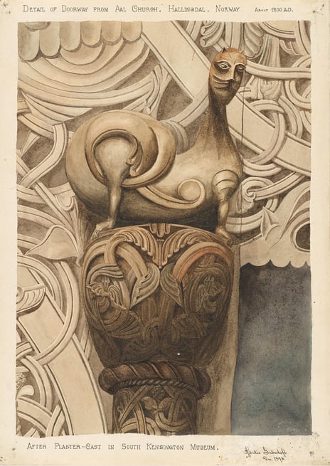 Hjørdis Grøntoft Raknerud, «Detalj av portal på Ål kirke», 1898. Dragelignende skapning skjært ut i tre