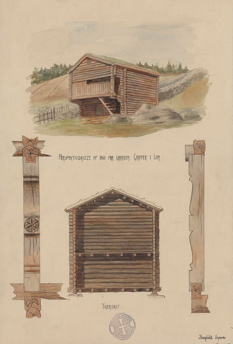 Borghild Sunnæs, «Loft på gården Graffer i Lom», 1903. Riksantikvaren Tegning av bondeloft fra gamle dager