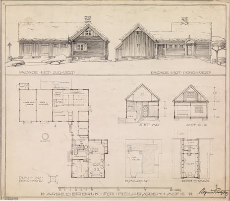 Magnus Poulsson, «Peik – Arbeiderbruk for fjellbygden», 1910 eller 1911. Fasade og plantegning av bondehus