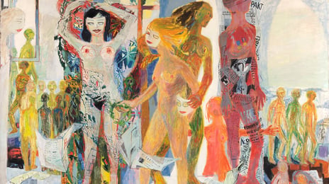 Else Hagen, «Rollene utdelt» (utsnitt), 1950. Tangen-samlingen / Kunstsilo. Tre nakne kvinneskikkelser i sentrum der to av dem har maske, mens den tredje har kastet maska.