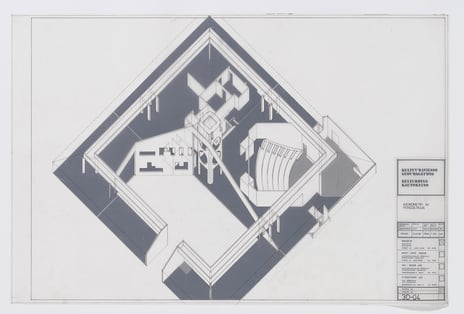 Boarch arkitekter: Kautokeino kulturbygg. Aksonometri av hovedetasje, 1980. Tusj på plastfilm, 605 x 908 mm.