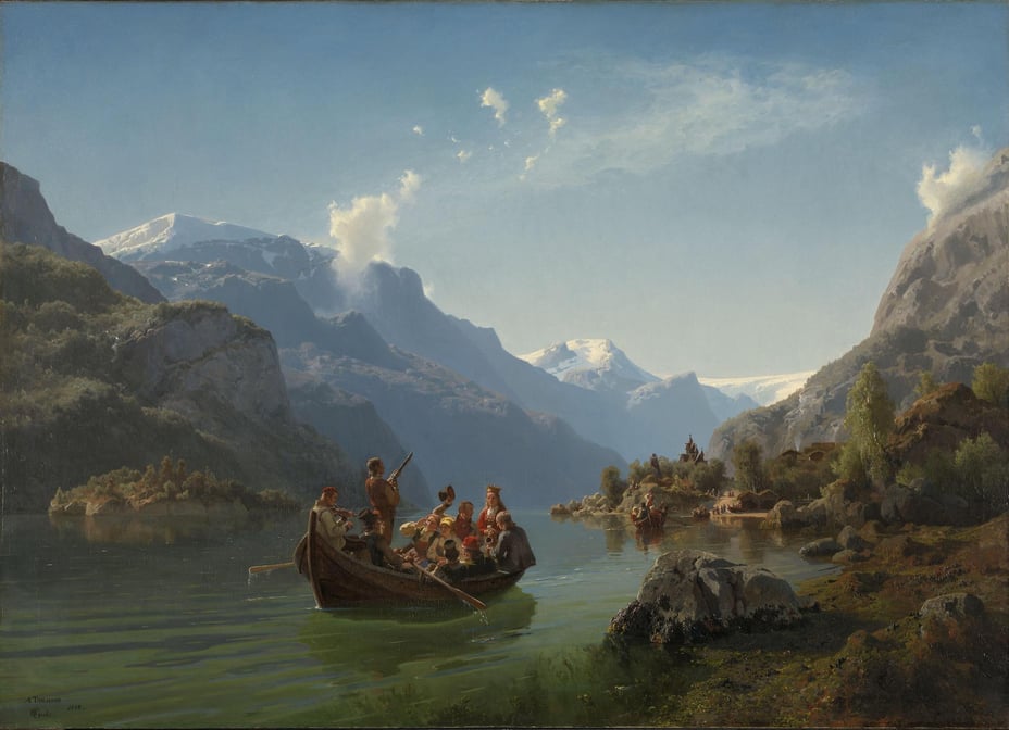Hans Gude, Adolph Tidemand, "Bridal Procession on the Hardangerfjord", 1848