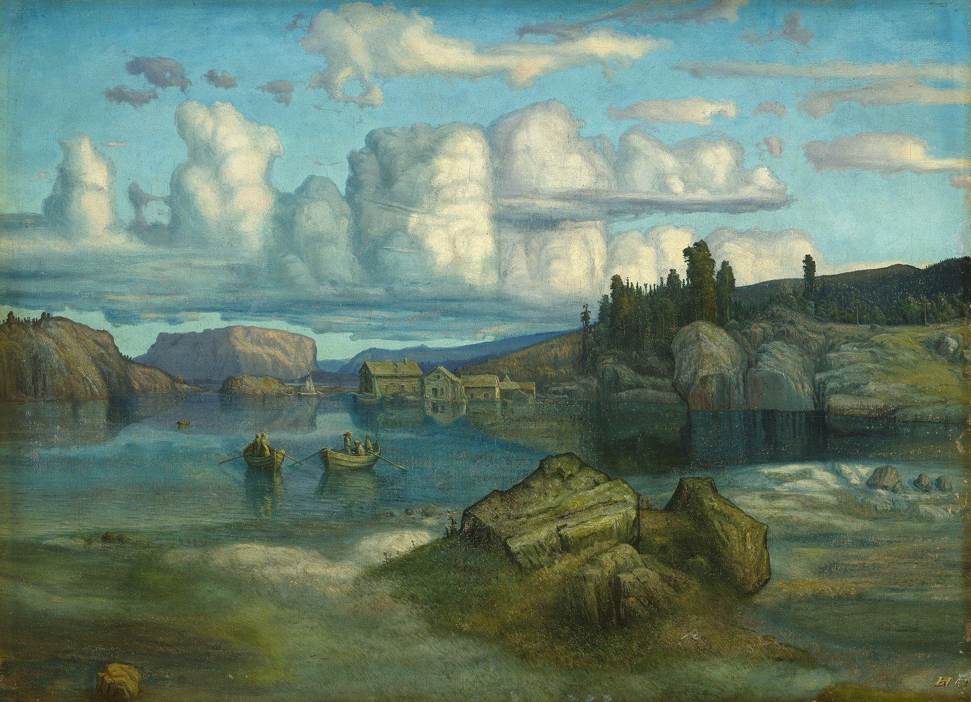 Lars Hertervig, «Fra Tysvær», 1867. Kystlandskap med hus, båter og svaberg