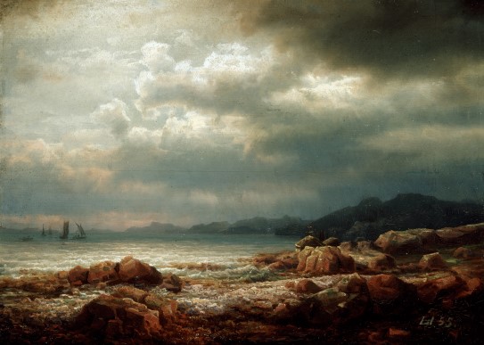 Lars Hertervig «Kystparti», 1855. Kystlandskap på Vestlandet med båter i det fjerne og før stormen