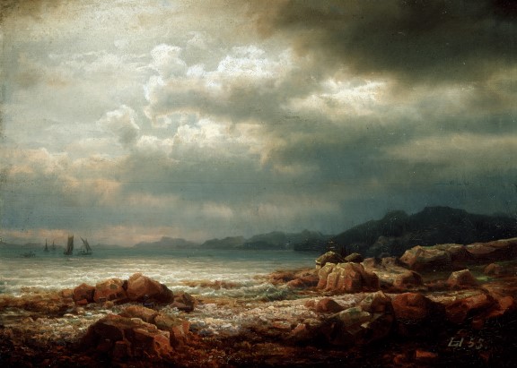 Lars Hertervig «Kystparti», 1855. Kystlandskap på Vestlandet med båter i det fjerne og før stormen