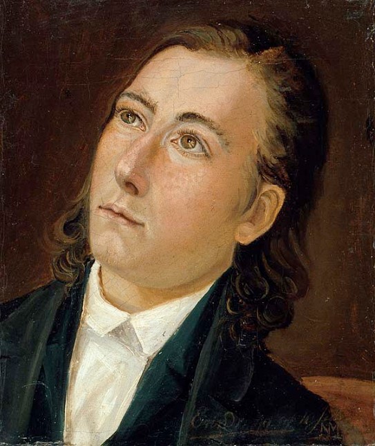Niels Bjørnsen Møller, «Maleren Lars Hertervig», 1851. Ung mann med langt hår og brune øyne