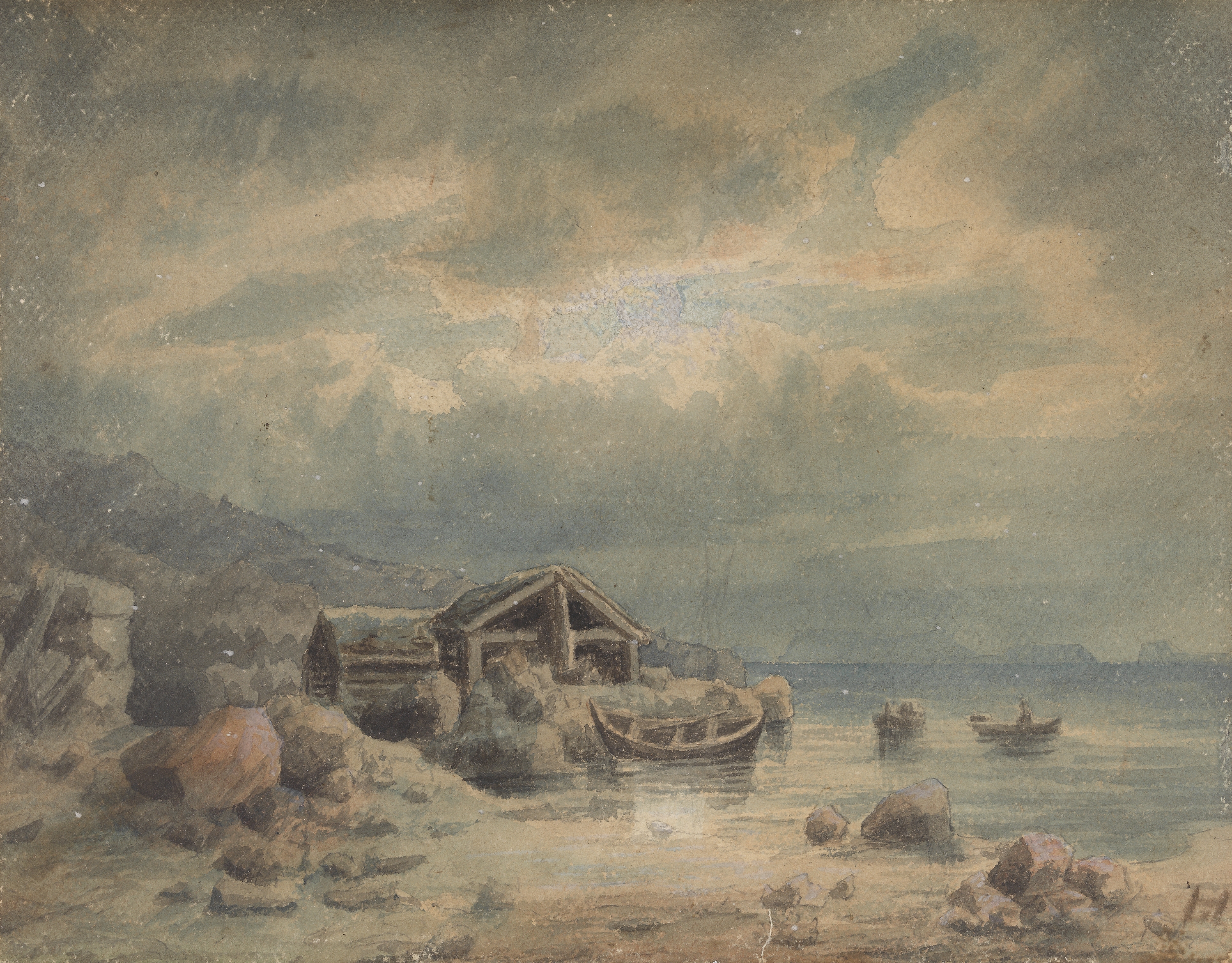Lars Hertervig, «Naust og båter ved stranden», Ukjent år. Boats and boathouses by the beach