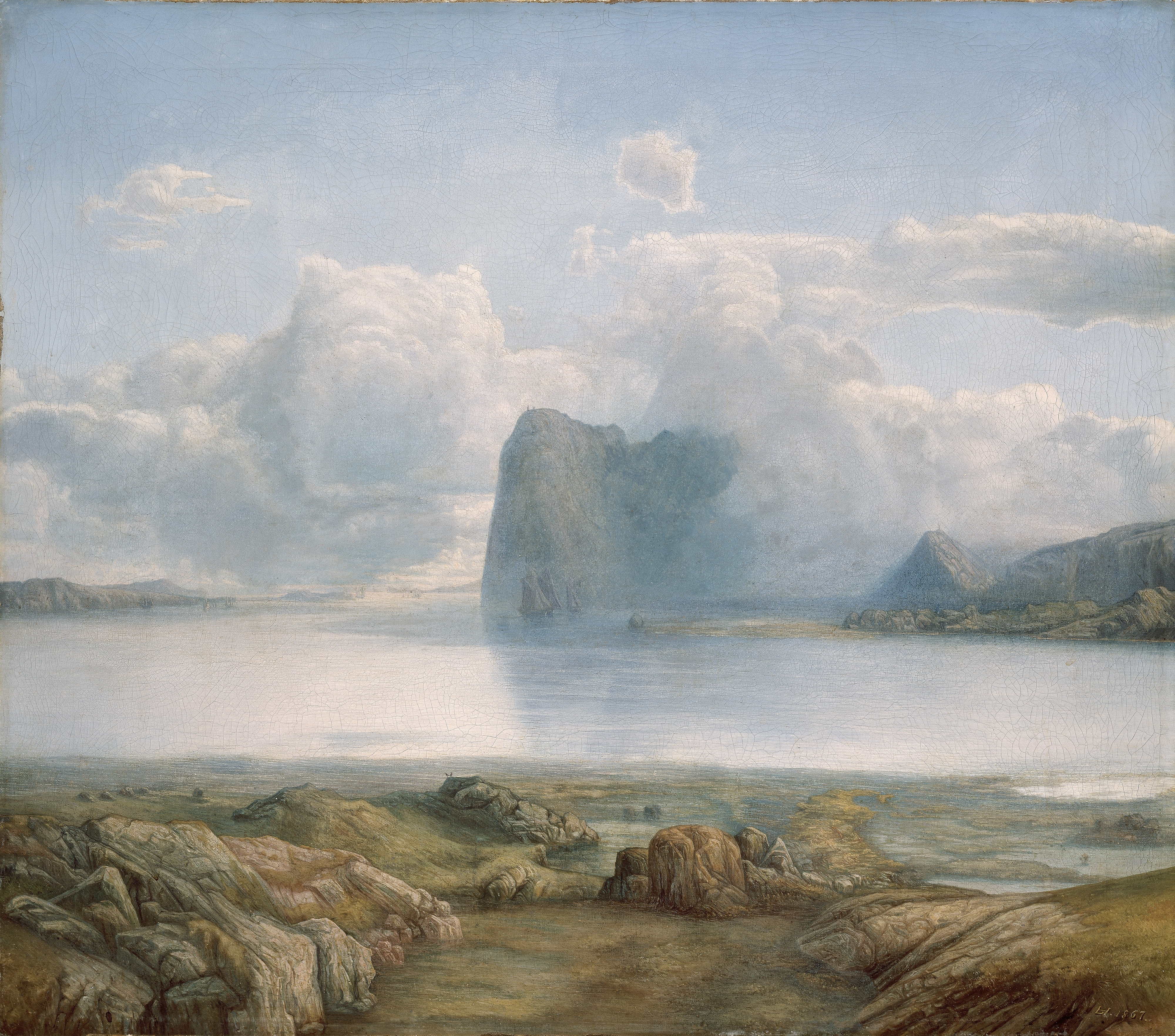 Lars Hertervig, «Borgøya», 1867. Mountain in fjord with clouds and fog in summer