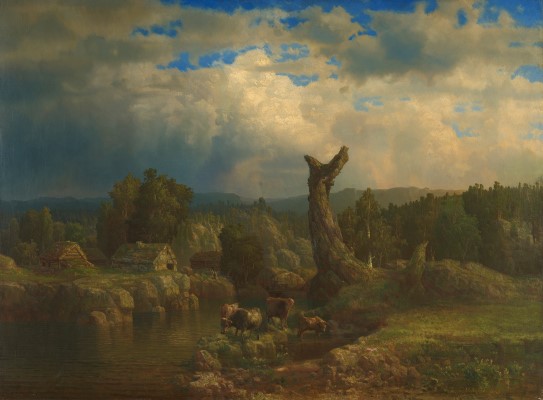 Lars Hertervig, «Sommerlandskap i tordenvær», 1856. Sommerlandskap med kuer, en hytte og et spesielt tre, rett før stormen bryter løs