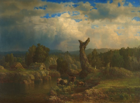 Lars Hertervig, «Sommerlandskap i tordenvær», 1856. Sommerlandskap med kuer, en hytte og et spesielt tre, rett før stormen bryter løs