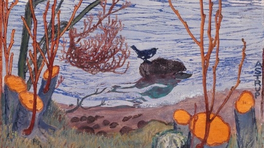 Nikolai Astrup, "Bird on a Stone" (section), between 1905-1914 Painting of a landscape with water, mountains and Bird on a Stone