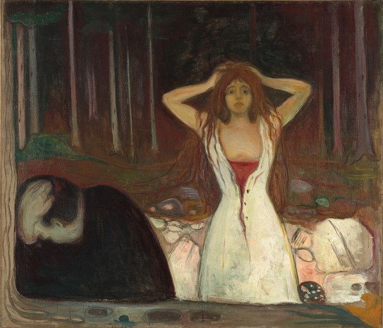 Edvard Munch, «Aske», 1895 Maleri med fortvilet kvinne