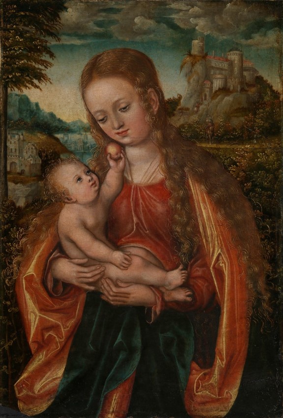 Lucas Cranach d.e., hans verksted, «Maria med barnet», ca. 1518. Jomfru Maria og Jesusbarnet med eple