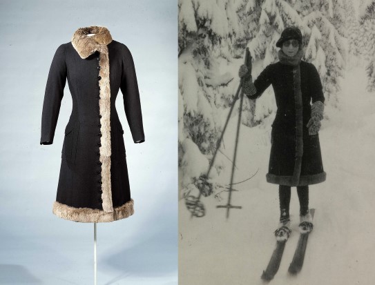 Vinterkåpe fra slutten av 1920-årene. kåpe med pelskanter, kvinne på ski med denne kåpen på.