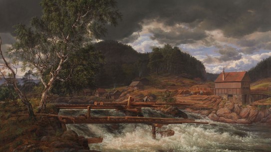 Johan Christian Dahl, «Hellefossen ved Hokksund» (utsnitt), 1838. Ved den brusende Hellefossen ligger det tømmer utenfor sagbruket, og i fossestryket fanges laks i feller.