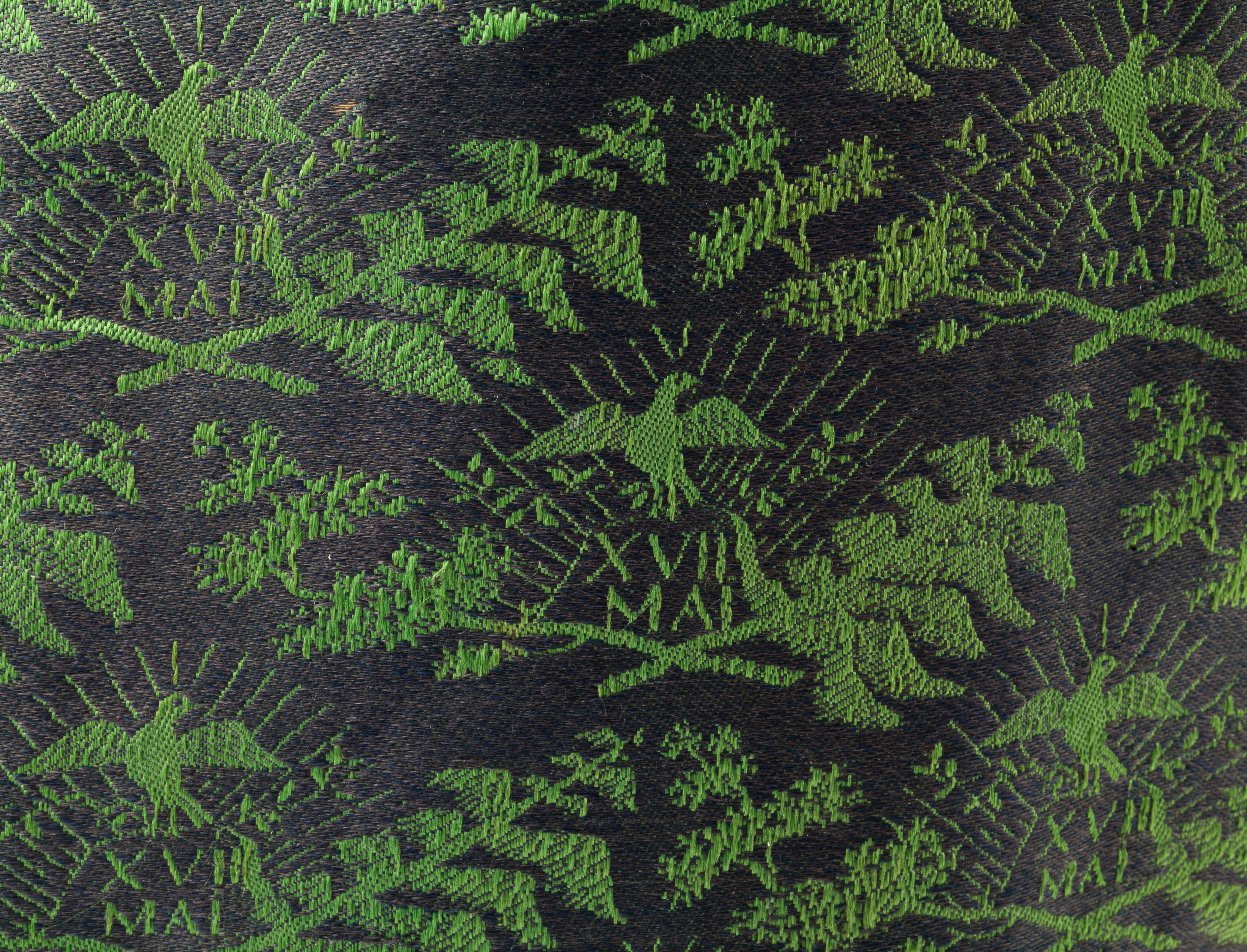 Nærbilete av ein vest med grønt mønster på blå bakgrunn.