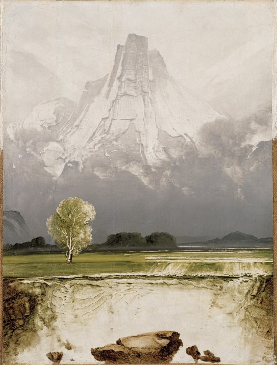 Peder Balke, «Stetind med bjørk», 1864. Fjell med et lite tre i forgrunn