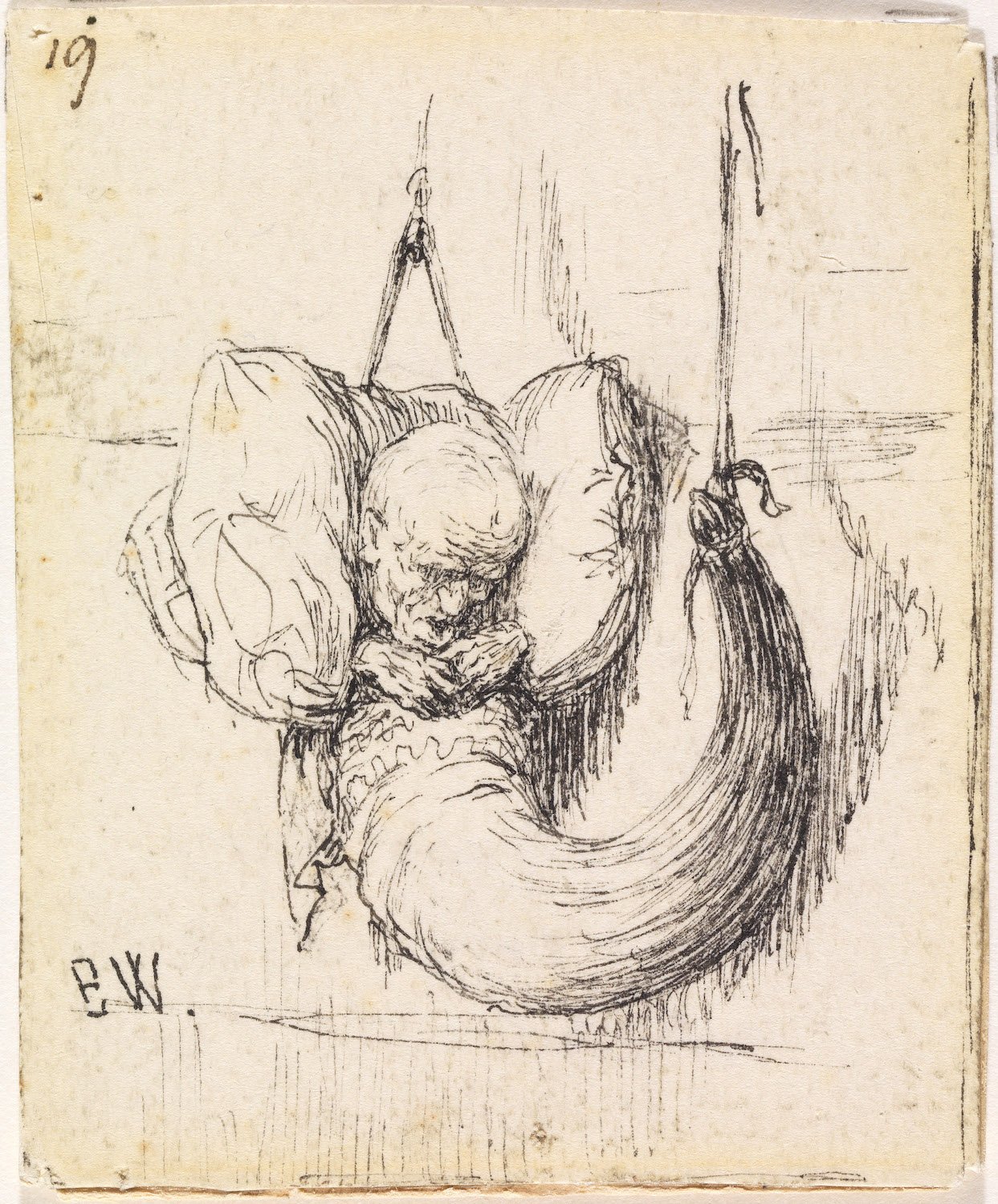 Tegning av en gammel, liten mann i et horn