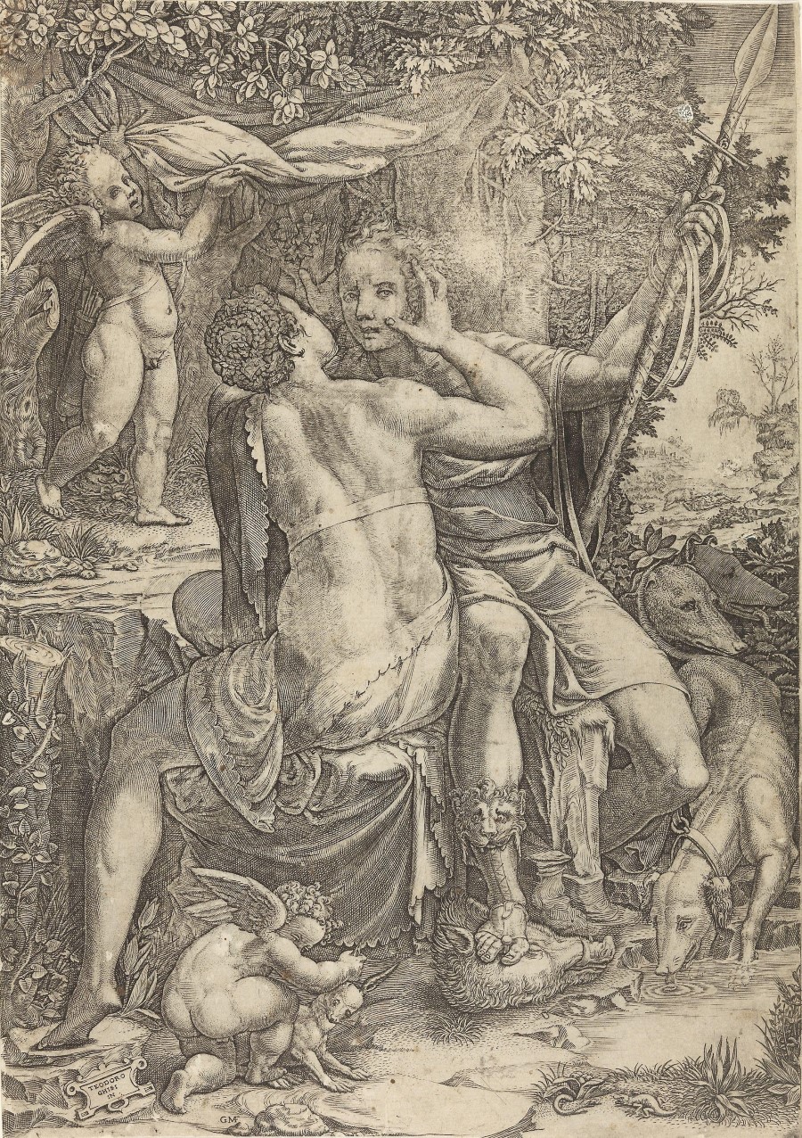 Giorgio Ghisi, «Venus og Adonis», 1557 Ensfarget tegning av Venus og Adonis i omfavnelse