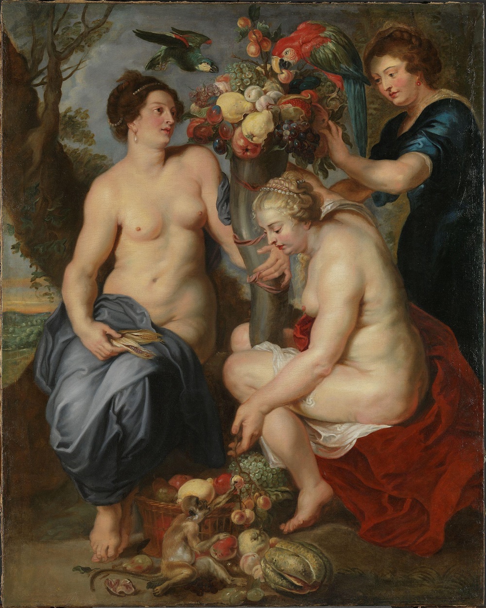 Frans Snijders (attribuert etter Rubens), «Tre nymfer med overflødighetshorn», 1628. Nakne kvinner og et horn med frukt.