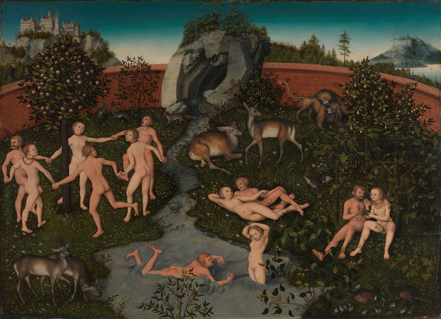 Lucas Cranach d.e., «Gullalderen / Kjærlighetens hage», 1534. Stort tablå der nakne mennesker er henslengt i en hage