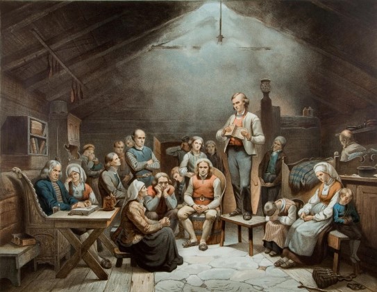 Adolph Tidemand, «Haugianerne», 1852–1852. Maleri som viser Haugianerne samlet