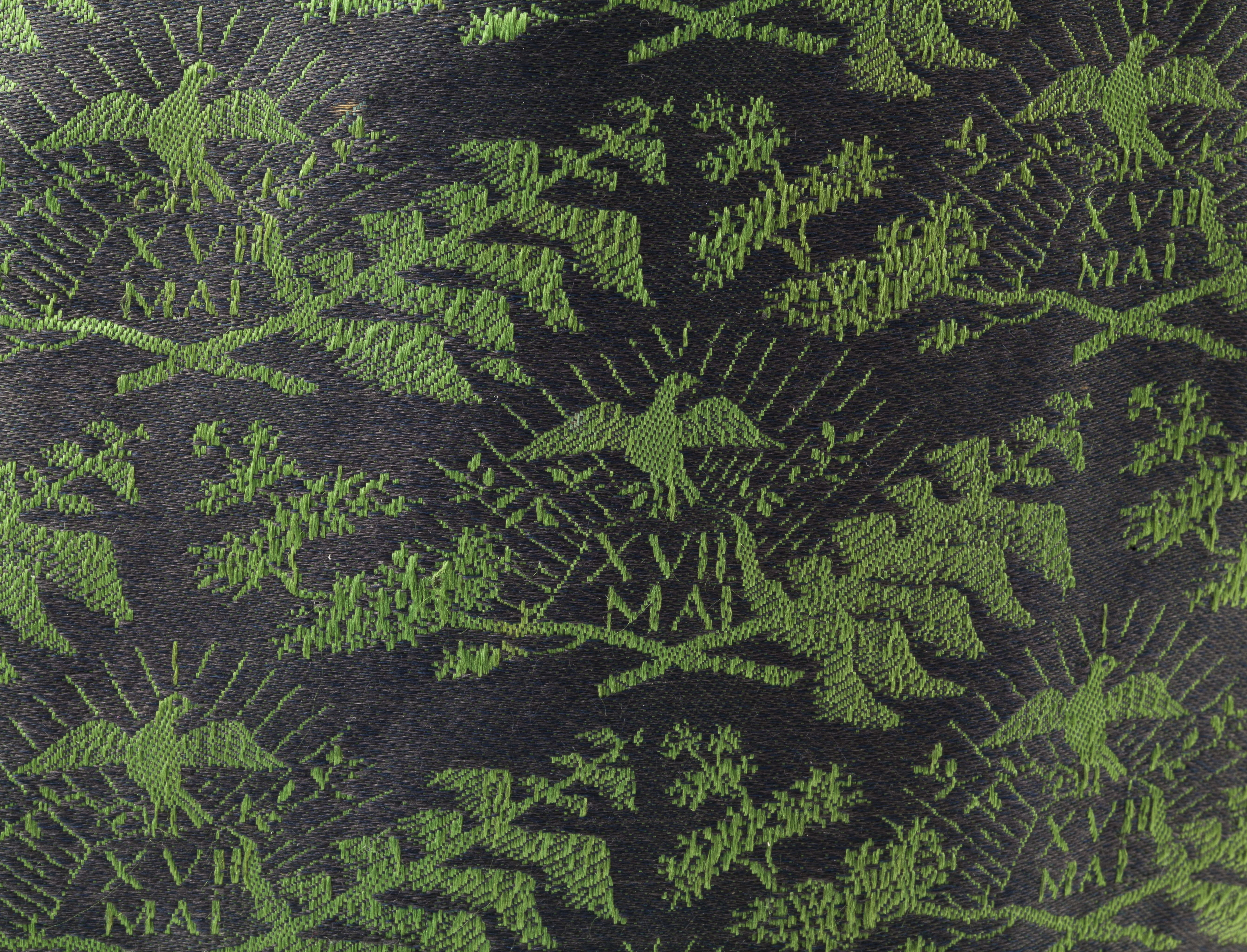 Nærbilete av ein vest med grønt mønster på blå bakgrunn.