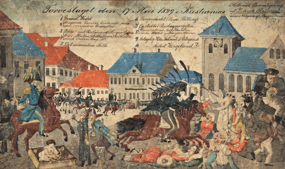 Hans E. Reimers, «Torvslaget den 17 Mai 1829 i Kristiania», 1829. Illustrasjon av Torvslaget. Soldatar til hest med løfta sverd som rir ned sivile.