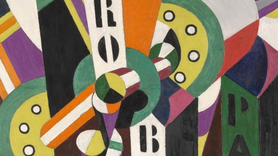 Thorvald Hellesen, «Komposisjon» (utsnitt), ca. 1919. Eckbos Legat. Abstrakt kubistisk bilde i sterke farger med typografiske bokstaver og geometriske former.
