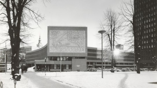 The Y-building in Oslo, ca. 1969. Y-shaped governmental building with large Picasso work in the front facade