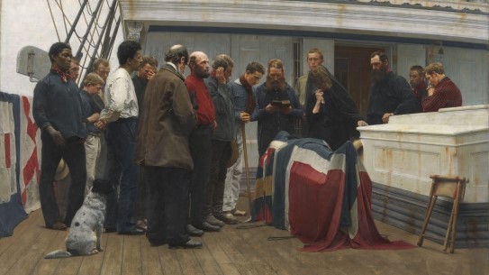 Carl Fredrik Sundt-Hansen, "Burial at Sea", 1890 People standing in a group observing a burial at sea