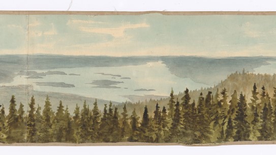 Johan Fredrik Eckersberg. «Panoramautsikt over Nordmarka, Frognerseteren og Christiania sett fra Tryvannshøyden»(utsnitt). 1868.