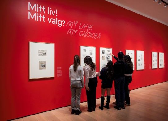 Ungdommer studerer Erik Werenskiolds tegninger i utstillingen «Mitt liv! Mitt valg?»