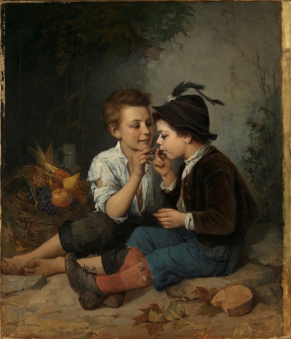 Mathilde Dietrichson, «Sigarrøykende gutter», 1877. Små gutter som røyker sigar