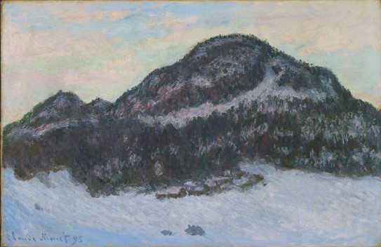 Claude Monet, «Kolsåstoppen», 1895 Blårosa solnedgang over en liten fjelltopp med diffuse trær og snø