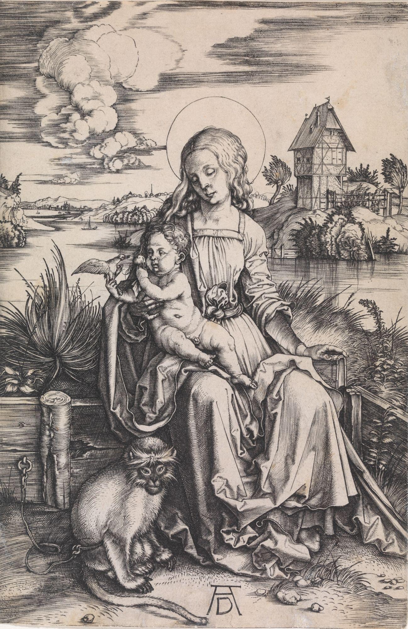 Albercht Dürer, «Maria med apekatten», 1498. Tegning der Maria og Jesusbarnet har en apekatt ved føttene