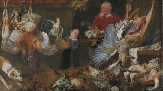 Frans Snyders, «Vilthandlerbod», 1625–1630. Et barn og en gammel mann blant døde dyr