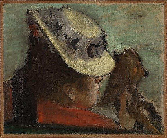 Maleri av damehode bakfra med hatt og en liten brun hund i fanget