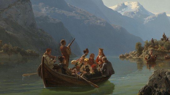 Adolph Tideman og Hans Gude, «Brudeferd i Hardanger» (utsnitt), 1848