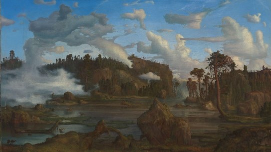 Lars Hertervig, «Skogtjern» (utsnitt), 1865 Skogstjern, trær, blå himmel lave skyer