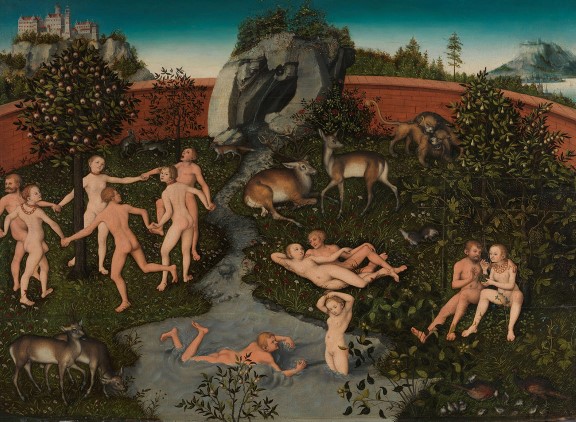 Maleri fra 1534 som viser seks nakne, unge par som danser, bader, spiser og hygger seg i en paradisisk hage omgitt av en mur.