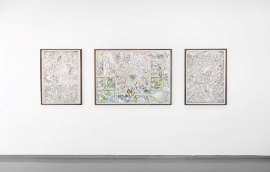 Johannes Høie, «Triptykon», 2013-2021 Tre innrammede tegninger på vegg.
