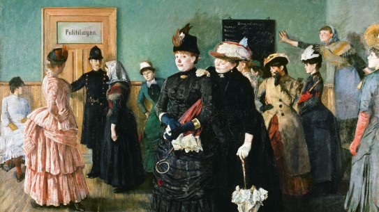 Christian Krohg, «Albertine i politilegens venteværelse» (utsnitt), avsluttet 1887. Maleri av tolv kvinner og en politimann i et grønt venterom.