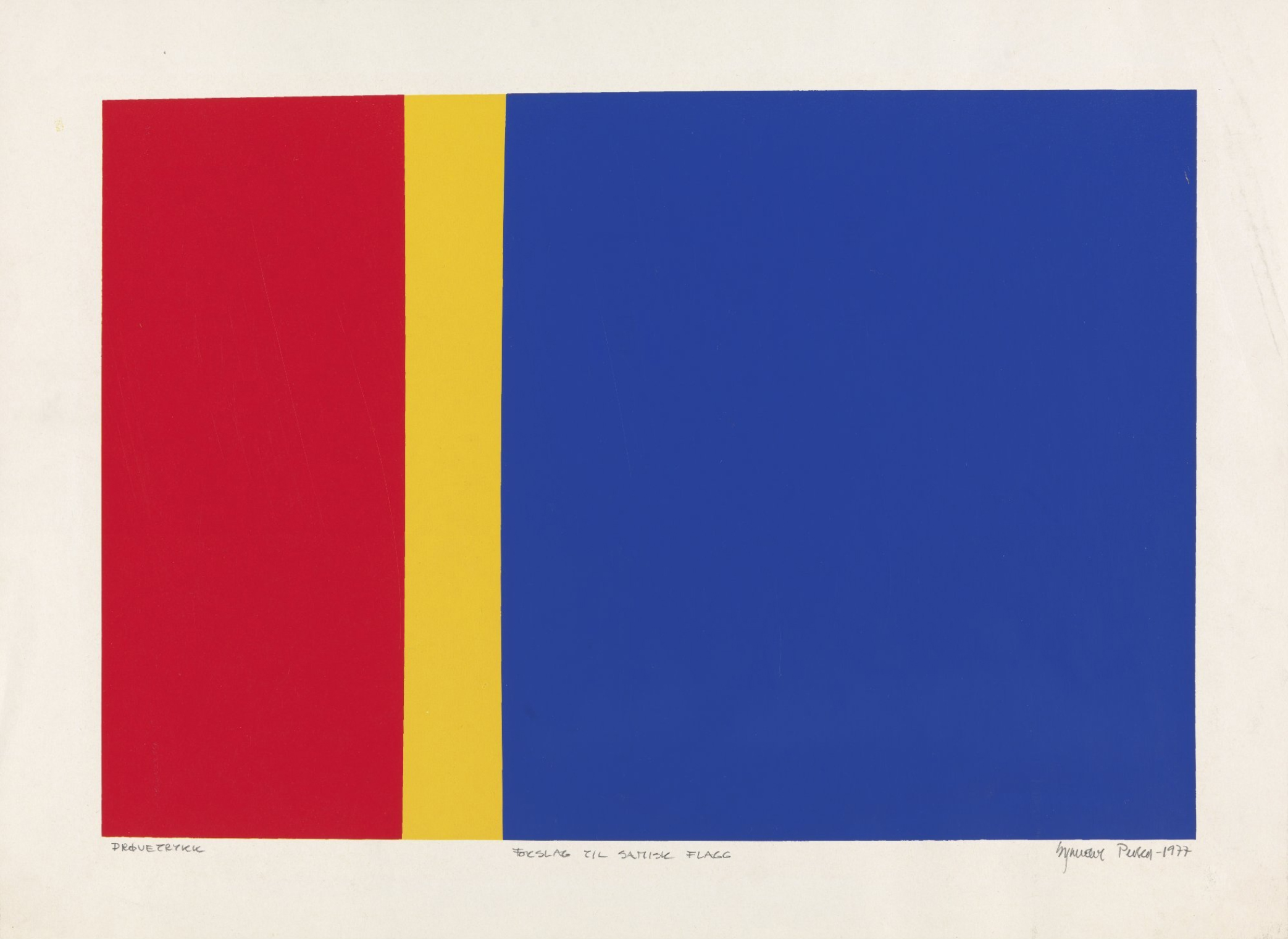 Silketrykk av et flagg delt i vertikale felter i rødt, gult og blått.