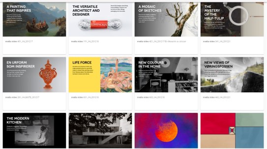 Eksempler på formidlingsskjermer i samlingsutstillingen. Noen av disse viser filmer, mens andre er laget for interaktiv bruk. Filmforsider med titler som "A PAINTING THAT INSPIRES", og "THE VERSATILE ARCHITECT AND DESIGNER".