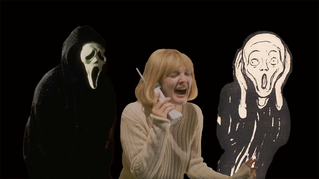 Morder med Skrik-maske, Drew Barrymore holder en telefon og skriker og Skrik av Edvard Munch med svart bakgrunn